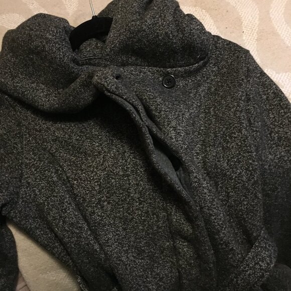 Hooded Button Up Charcoal Grey Cotton Blend Tie Waist Coat - Picture 8 of 15